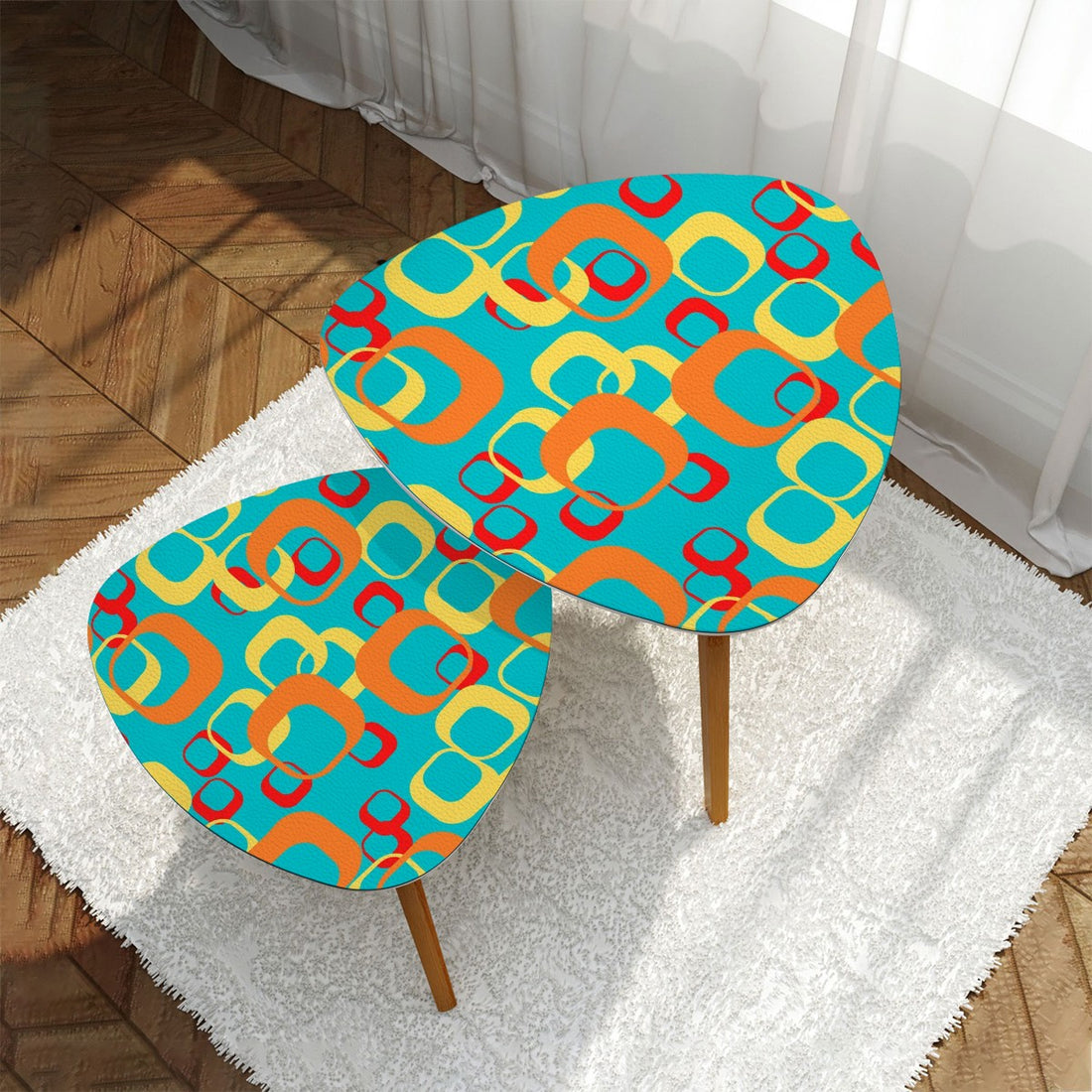 Mid Century Modern Designed Nesting Tables, Geometric Teal, Orange Yellow Mod Tables