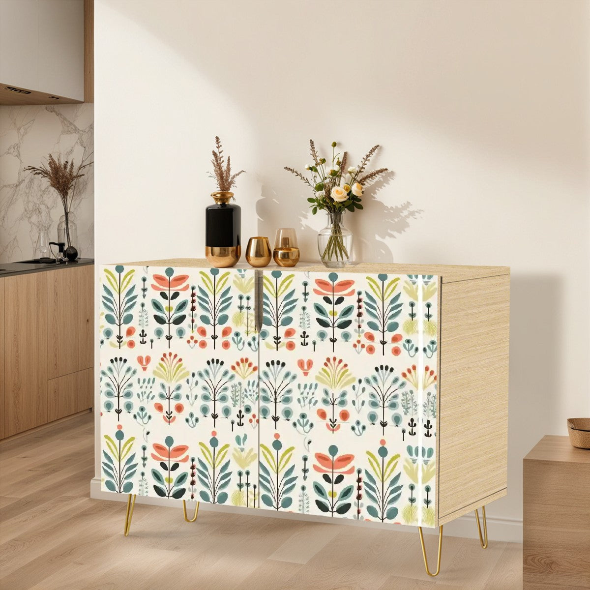 Modern Danish Scandinavian Floral Designed Wooden Storage Cabinet