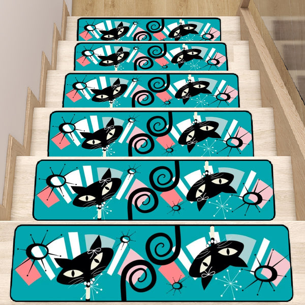 Atomic Cat Teal Coral Funky Quirky Kitschy Mod Non Slip Carpet for Stairs Treads