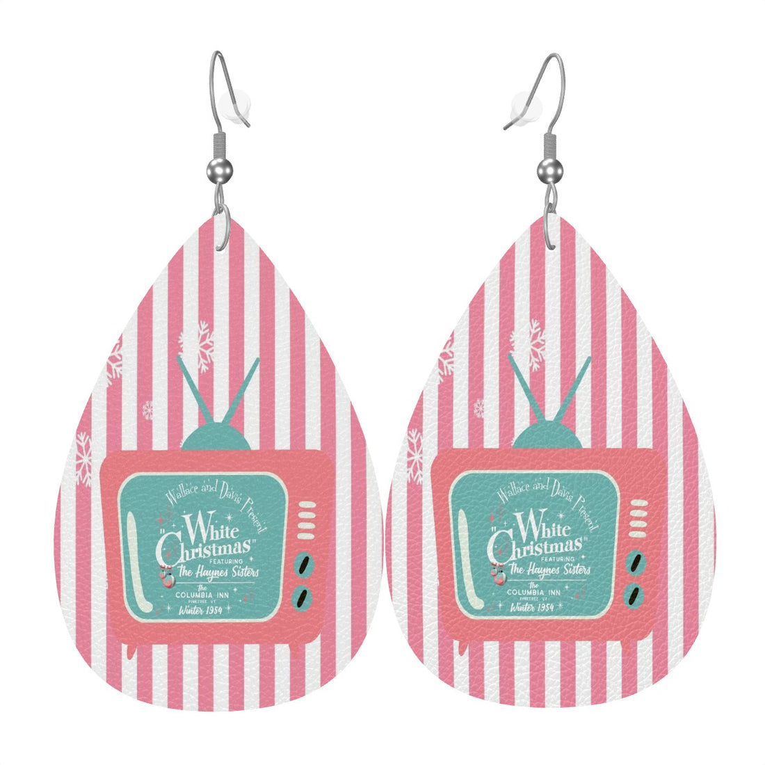 Wallace and Davis Christmas Earrings, White Pink Striped Holiday Faux Leather Teardrop Earrings - Mid Century Modern Gal