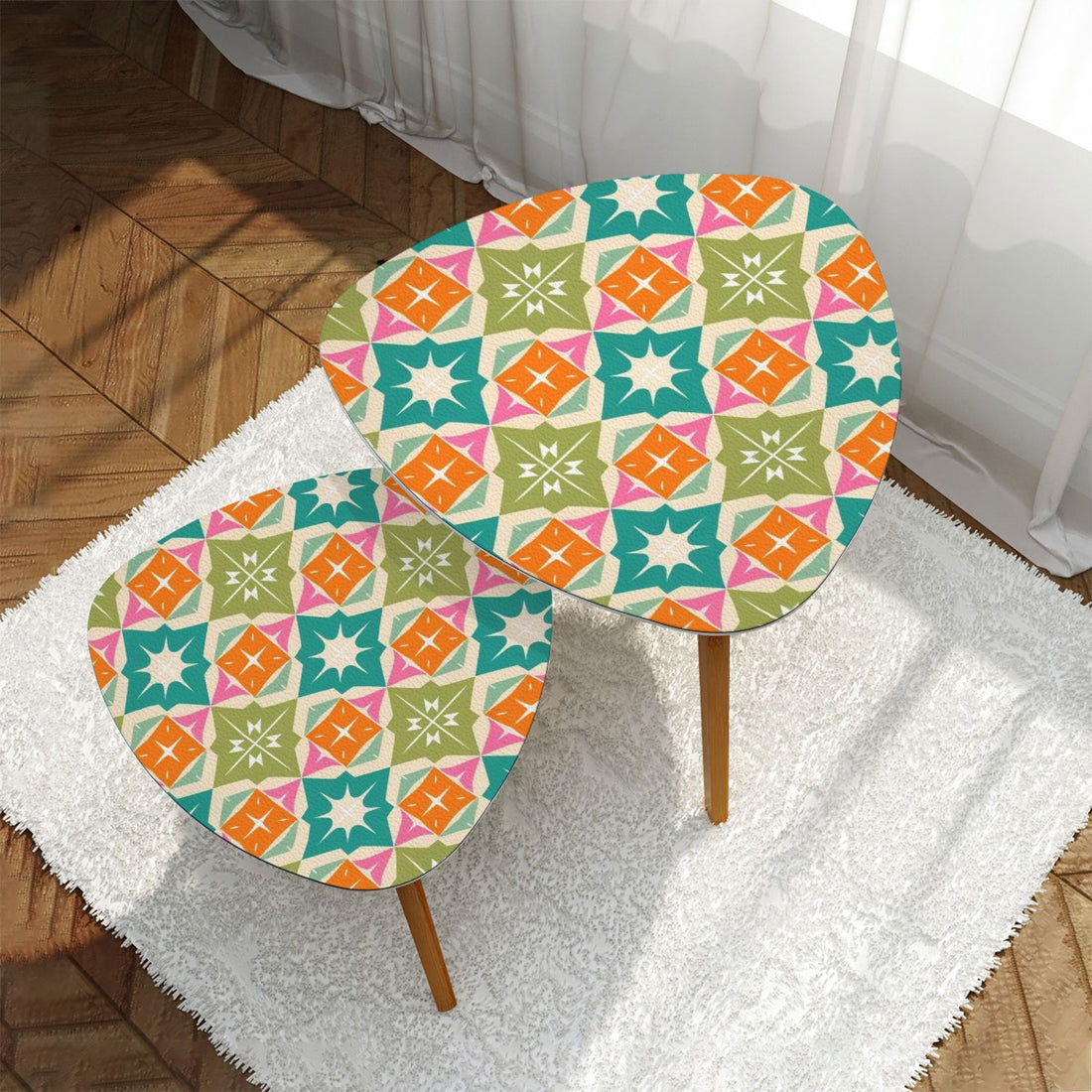 Mid Century Modern Atomic Diamond Starbursts, Orange, Green Teal Retro Mod Nesting Tables - Mid Century Modern Gal