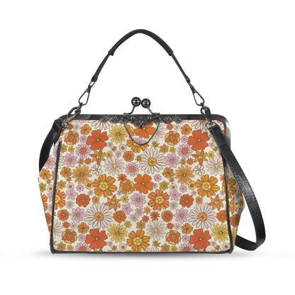 Groovy 60s Flower Power Orange Pink Yellow Floral Mid Century Modern Kisslock Crossbody Purse - Mid Century Modern Gal