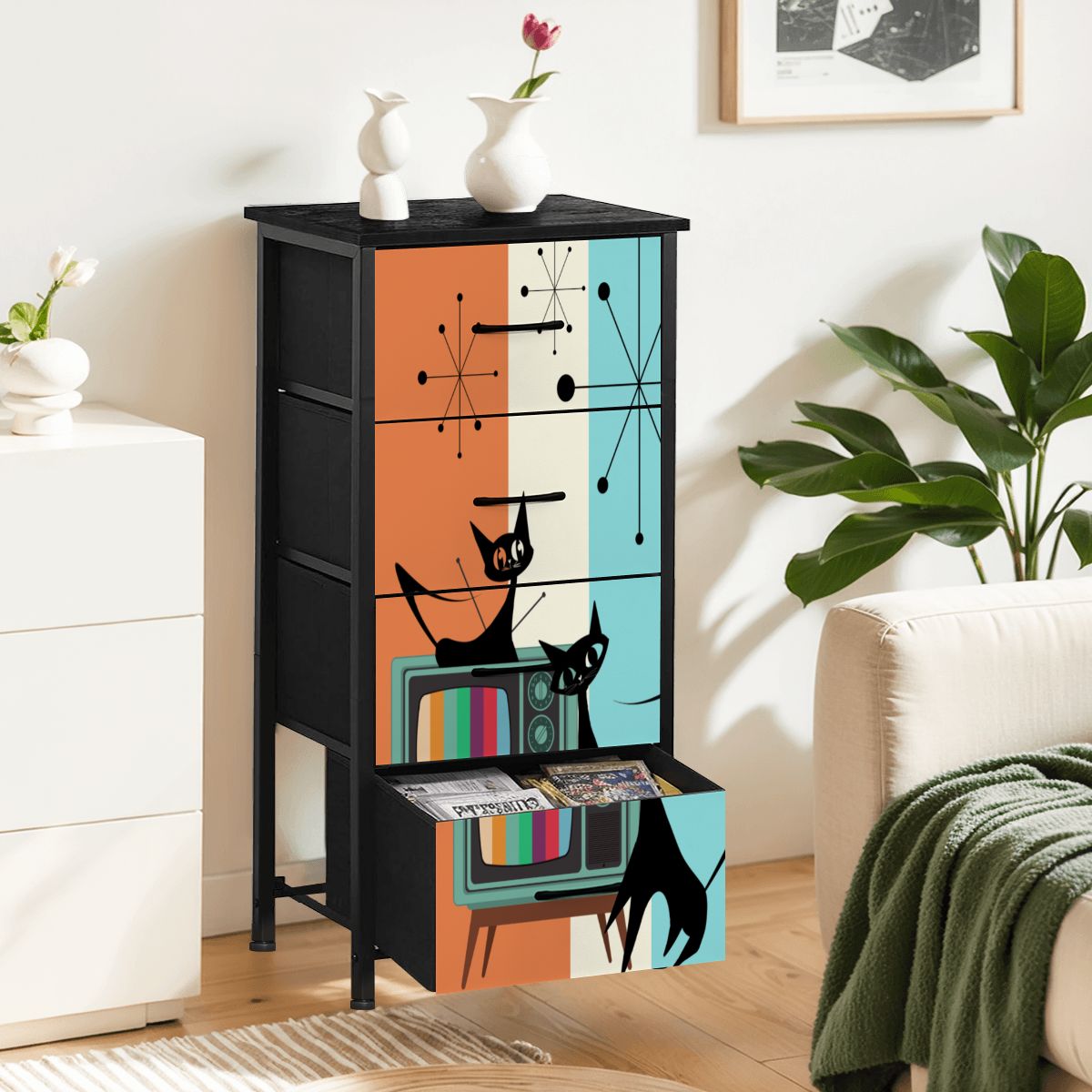 Mid Century Modern Retro TV Atomic Cat Kitschy 4-Drawer Dresser - Mid Century Modern Gal