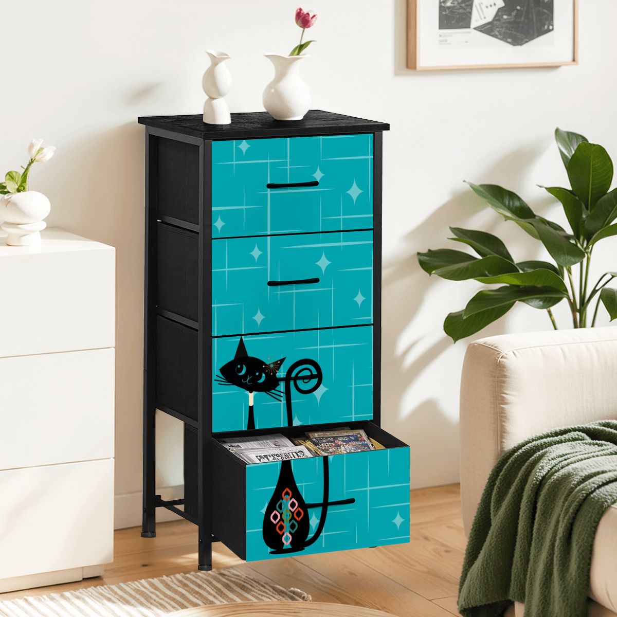 Atomic Kitschy Mod Cat, Teal, Mid Century Modern 4-Drawer Dresser - Mid Century Modern Gal