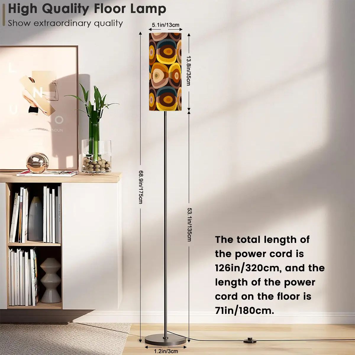 Mid Mod 70s Groovy Orbs, Brown Yellow Beige, Blue, Retro Slim Floor Lamp - Mid Century Modern Gal