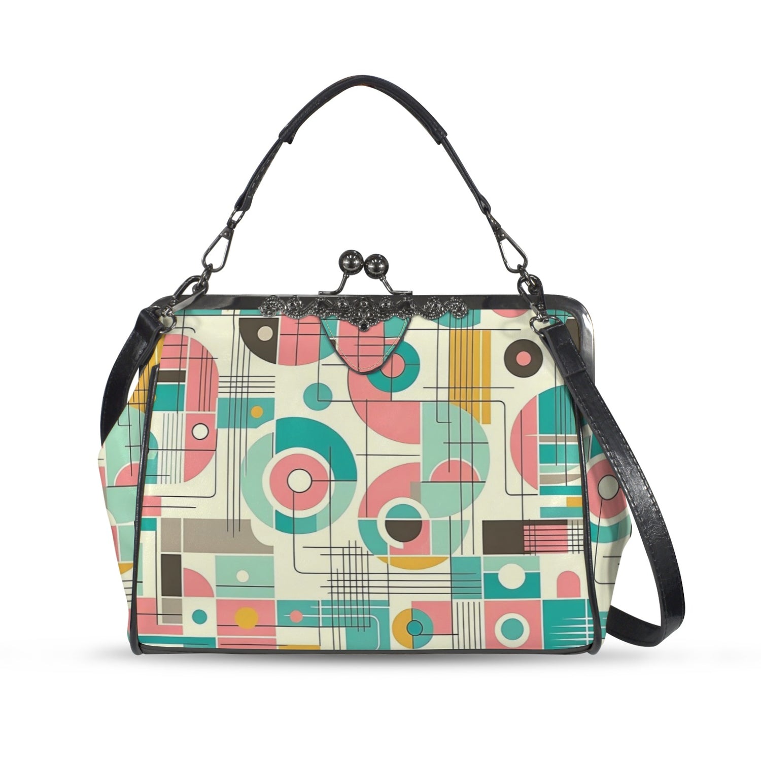 Mid Century Modern Bauhaus Designed Pink, Teal, Yellow Kisslock Crossbody Purse - Mid Century Modern Gal