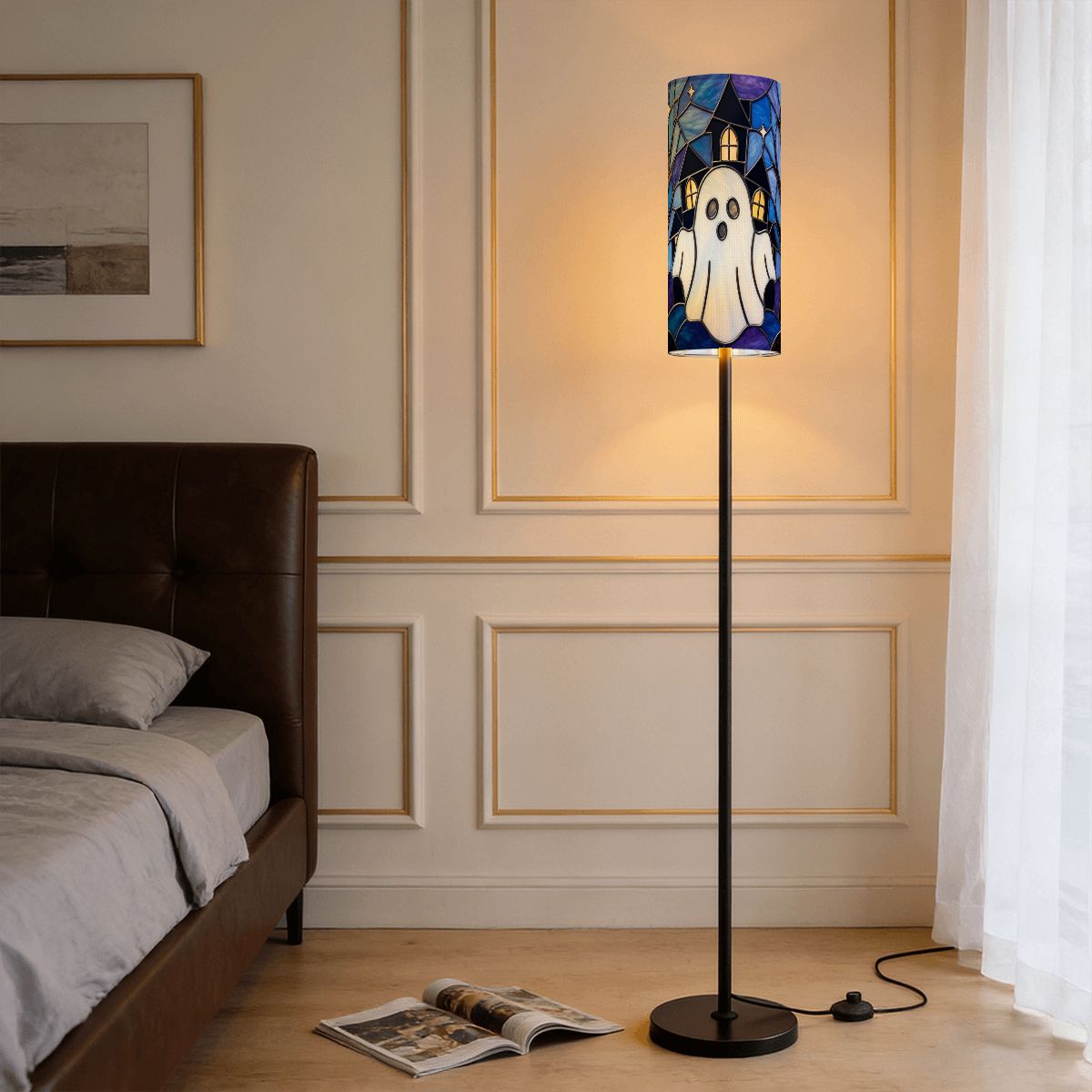 Halloween Stained Glass Style Ghost Haunted House Slim Floor Lamp