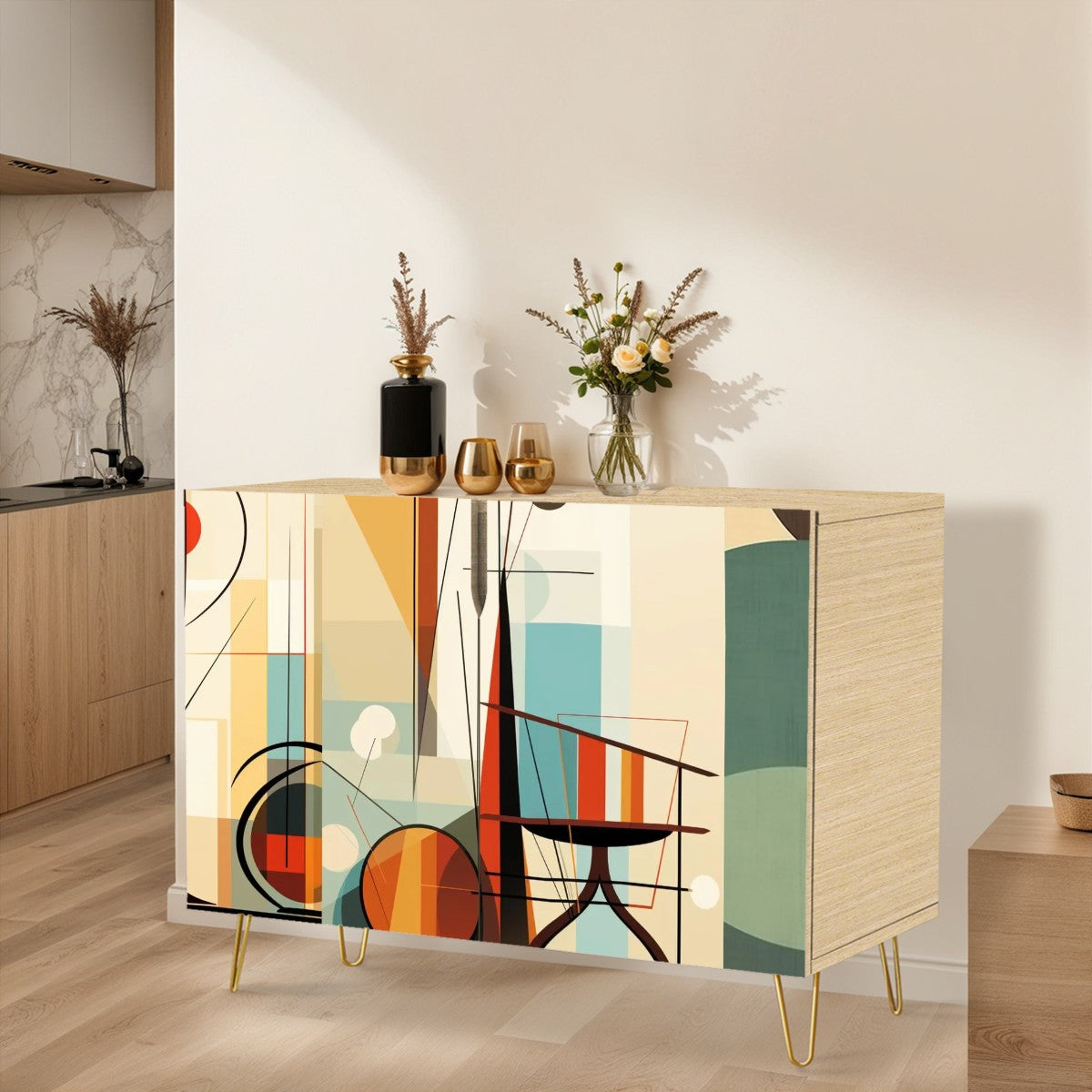 Mid Century Modern Bauhaus Designed Abstract Geometric Wooden Storage Cabinet - Mid Century Modern Gal