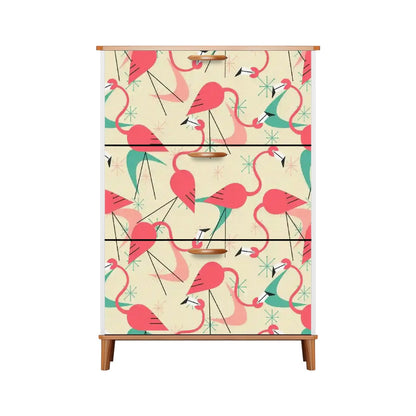 Mid Century Modern Shoe Cabinet Adorned in Kitschy Retro Dance Party Flamingos - Mid Century Modern Gal
