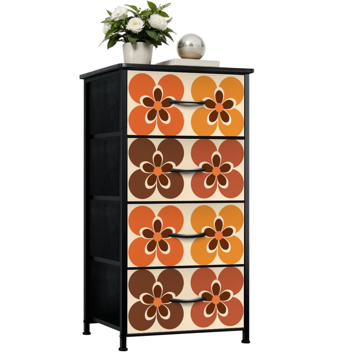 Groovy 60s Mod Flowers Orange Brown 4-Drawer Dresser - Mid Century Modern Gal