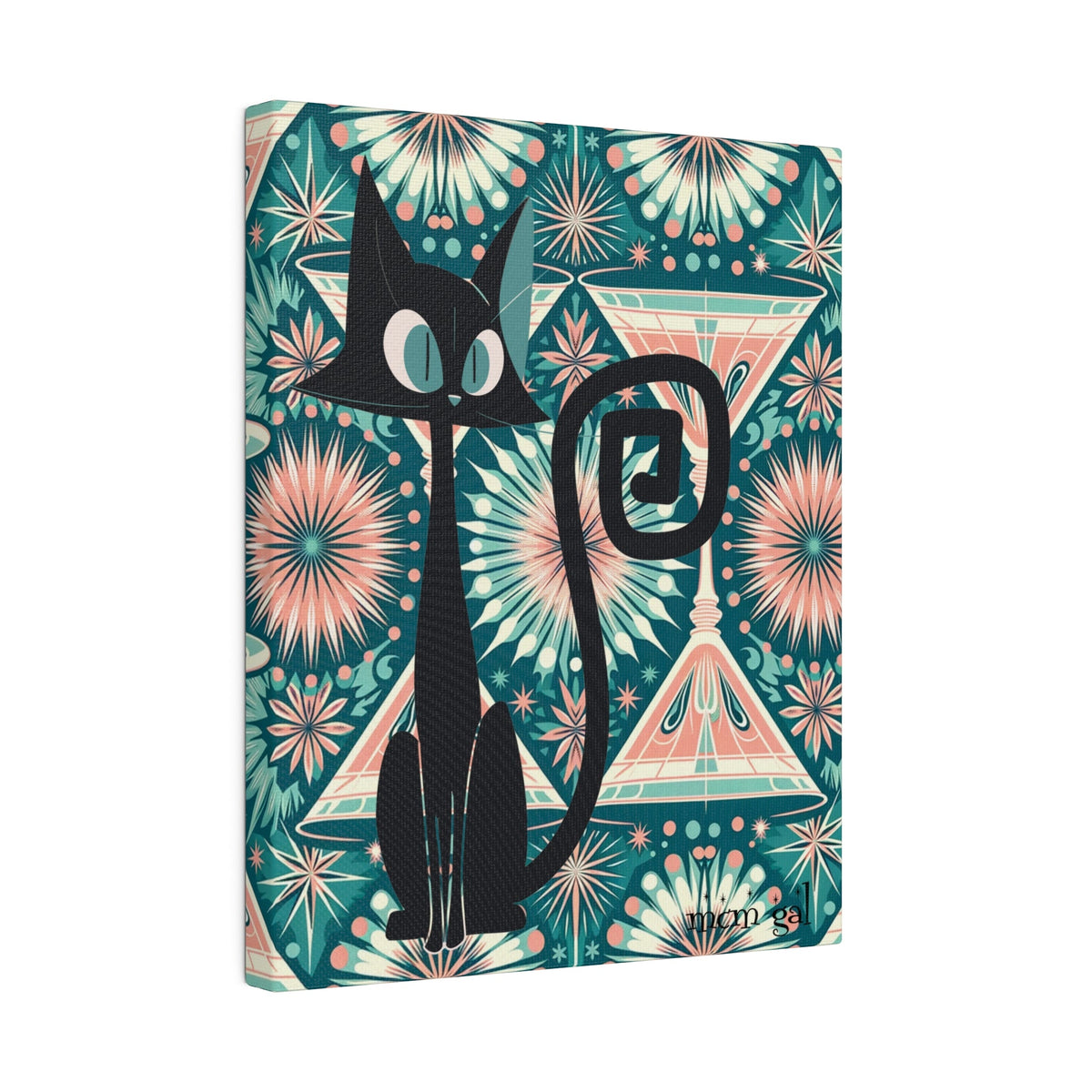 Mid Century Modern Wall Art, Original Atomic Kitschy Cat, Teal, Pink 50s Style Matte Canvas Canvas 8″ x 10″ (Vertical) / 0.75''