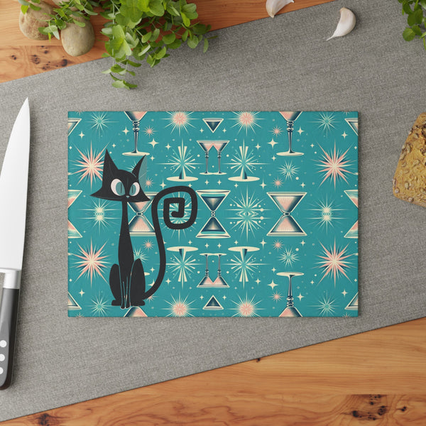 50s Atomic Pink, Teal, Kitchen Atomic Kitty, Quirky Fun Retro Glass Cutting Board, Starbursts, Martini Barware