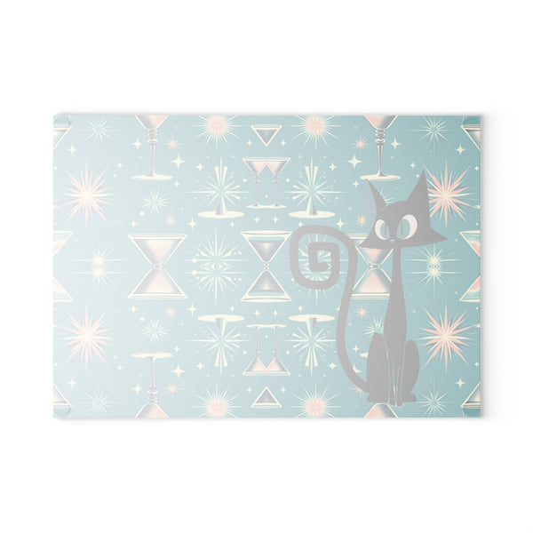 50s Atomic Pink, Teal, Kitchen Atomic Kitty, Quirky Fun Retro Glass Cutting Board, Starbursts, Martini Barware
