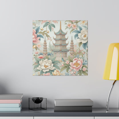 Chinoisere Wall Art, Beautiful Exotic Pagoda, Pastels, Florals, Roses, Blue Birds, Southern Home Style Wall Art