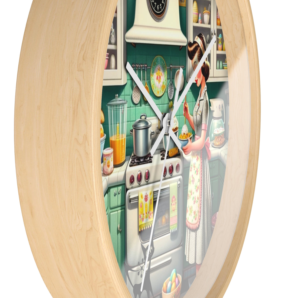Vintage Kitschy Designed Mid Mod Gal Atomic Cat, Spring  Wall Clock with Retro Cooking Design - Mid Century Modern Gal