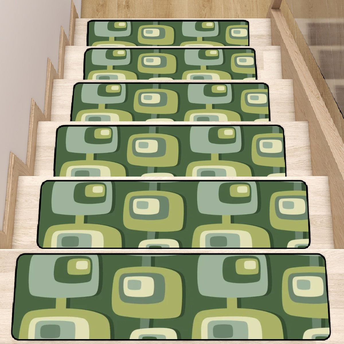 Mid Century Modern Green Geometric Designed Non Slip Carpet for Stairs Treads