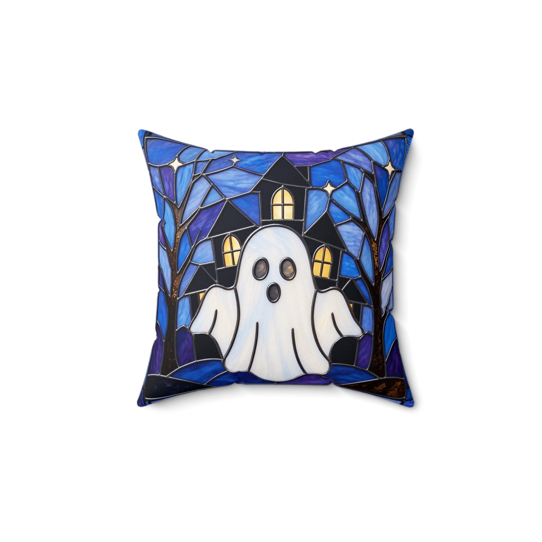 Halloween Stained Glass Style Ghost Haunted House Pillow Cover and Insert
