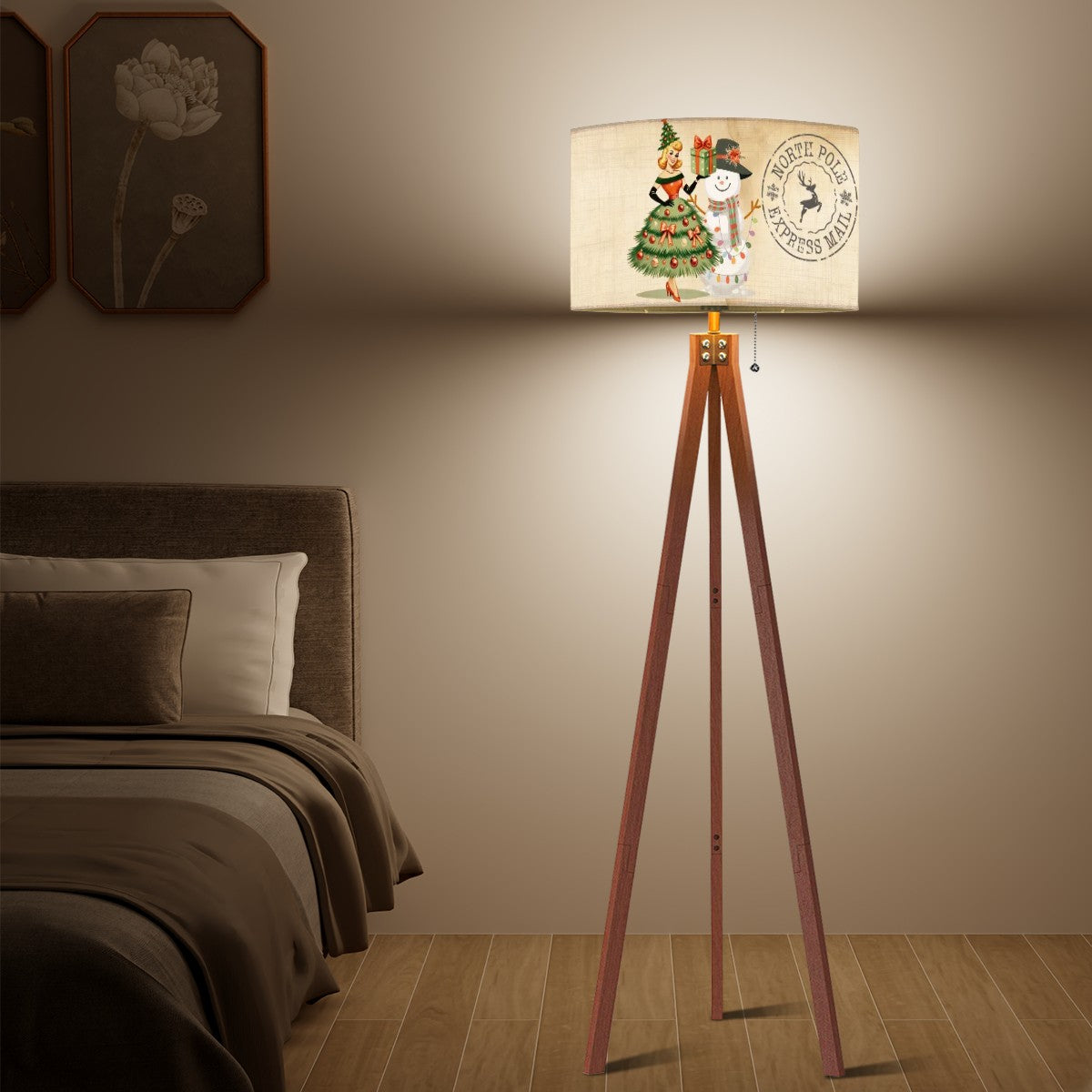 Christmas Lampshade, Kitschy Christmas Scene, North Pole Stamp Drum Shade