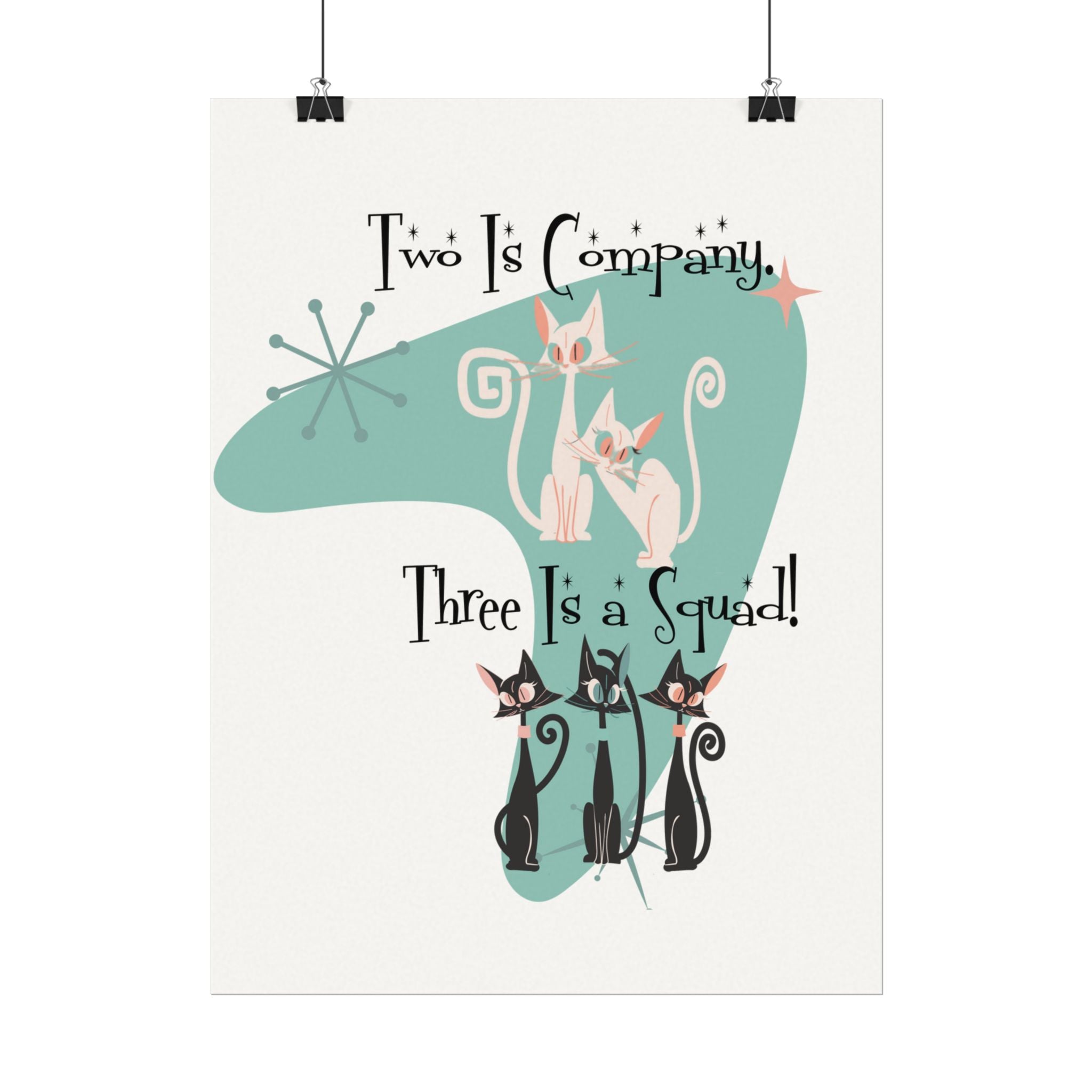 Atomic Cat Office Poster, Mid Mod Kitschy Cute Squad Cats-Themed Art Poster - Mid Century Modern Gal