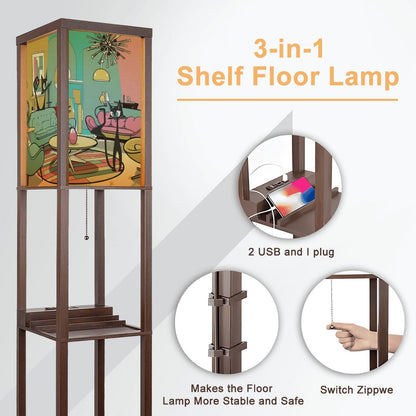Mid Mod Retro Floor Lamp with Shelves, Adorned With Atomic Kitschy Cats In MCM Livingroom Scene - Mid Century Modern Gal