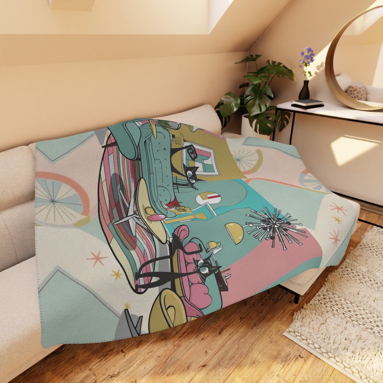 Atomic Cats, Lounging Cozy Cat Mid Century Modern Kitschy Mod Blanket - Mid Century Modern Gal