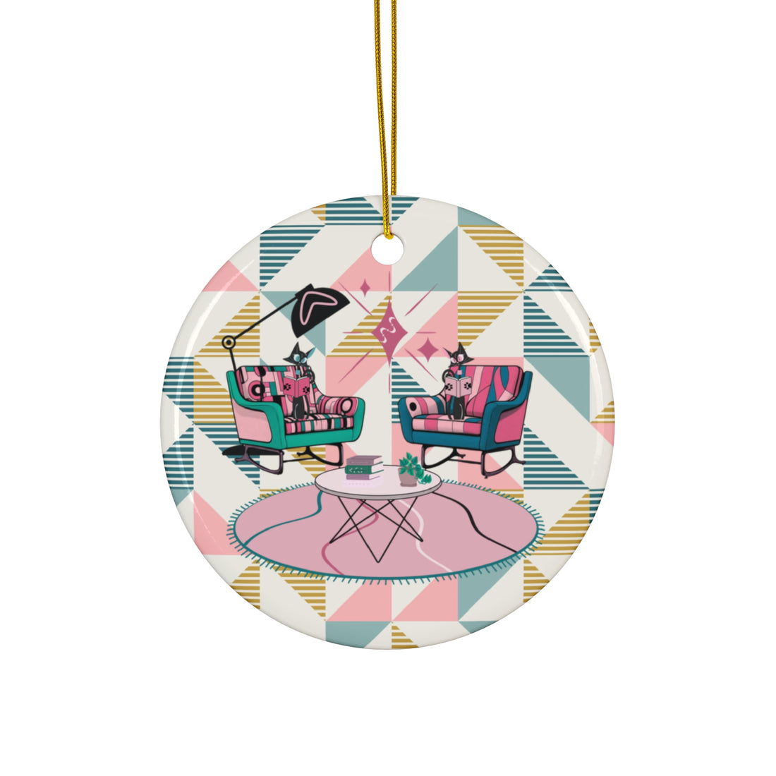 Reading Cats Atomic Mid Mod Geometric Pattern Book Lover MCM Ceramic Ornament