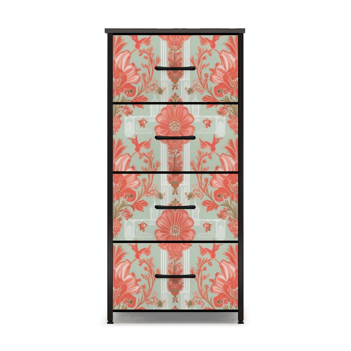 Chinoiserie Elegant Floral, Coral, Green 4-Drawer Dresser - Mid Century Modern Gal