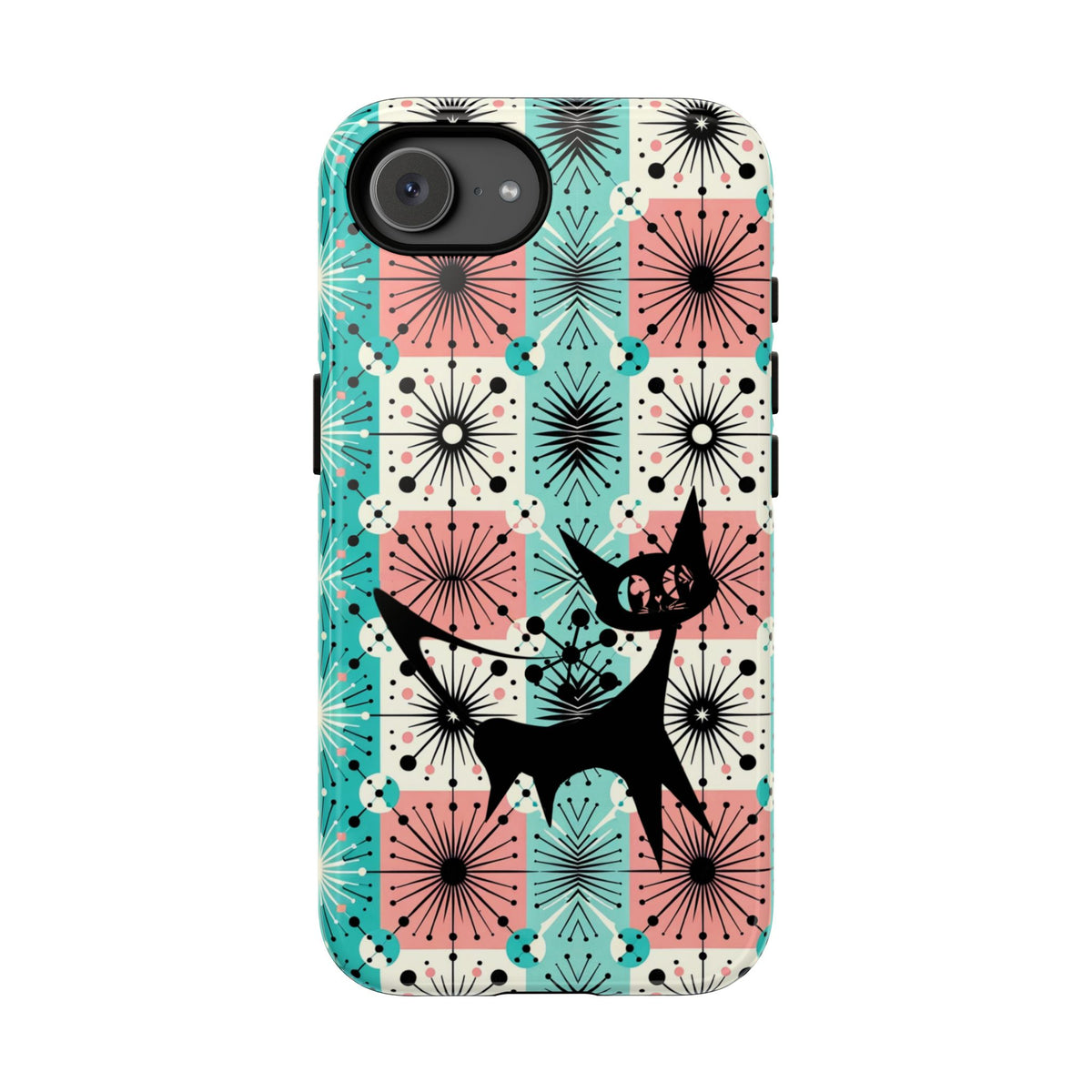 Atomic Kitschy Cat, Mid Century Modern Pink, Aqua Starbursts Tough Phone Case