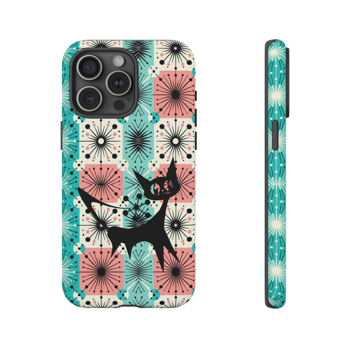 Atomic Kitschy Cat, Mid Century Modern Pink, Aqua Starbursts Tough Phone Case