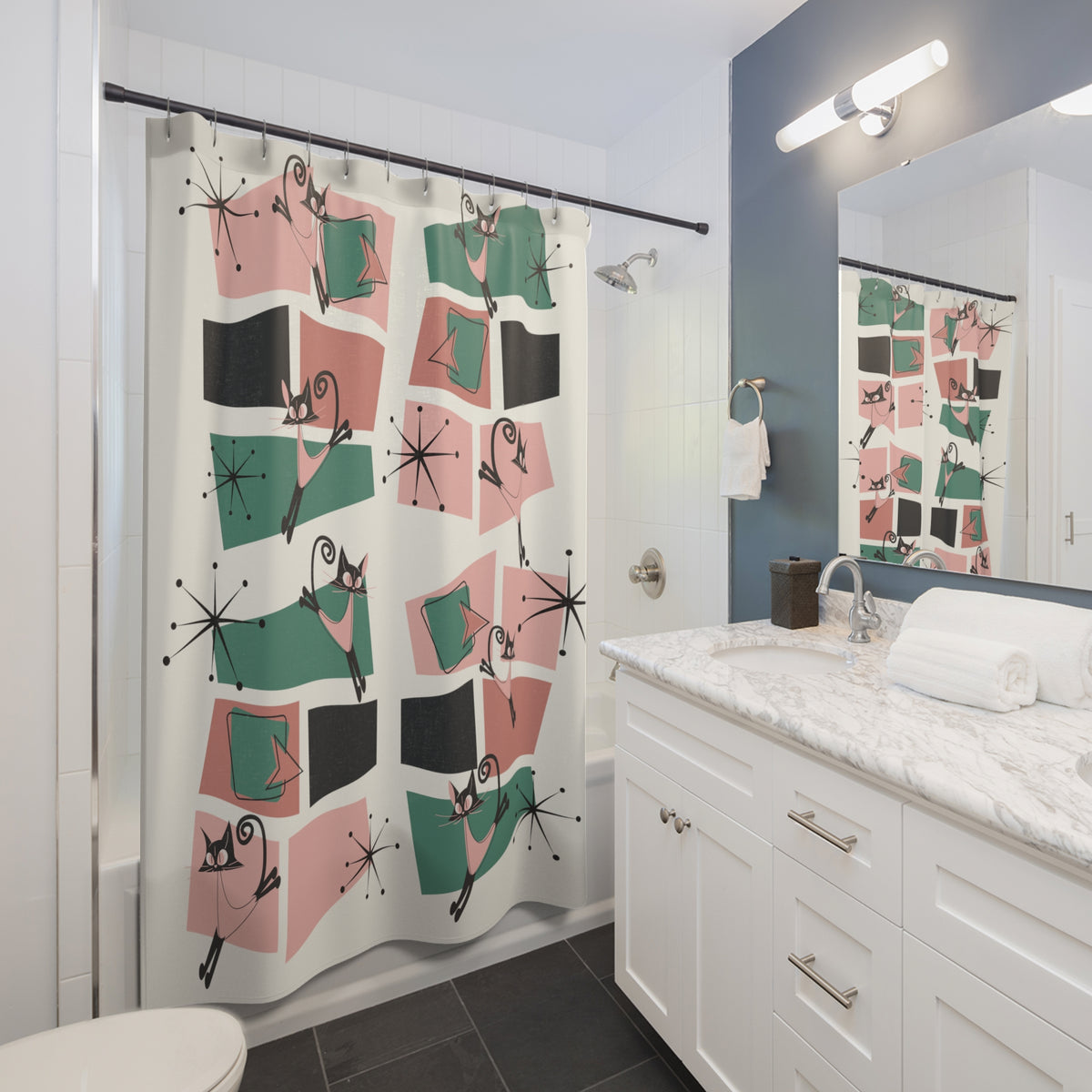 Atomic Cat Shower Curtain Starbursts, Geometric Mid Century Modern Bathroom Decor - Mid Century Modern Gal