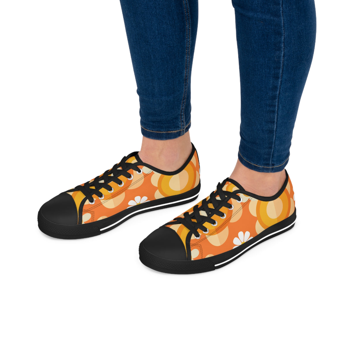 Retro 70s Floral Women's Low Top Sneakers - Trendy Orange Design - Mid Century Modern Gal
