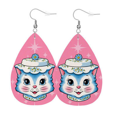 Mid Century Modern Kitschy Anthropomorphic Blue Cat with Floral Hat Vegan Leather Teardrop Earrings