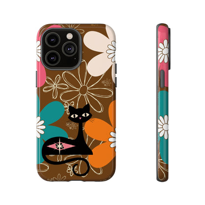 Atomic Cat Retro 70s Vibe Flower Power Tough Cases: Cute Floral and Cat Phone Case for Cat Lovers - Mid Century Modern Gal