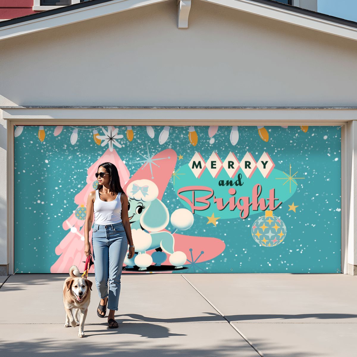 50s Christmas Holiday Kitsch, Aqua Blue, Pink 50s Mod Dog Poodle Merry and Bright Garage Door Banner Backdrop - Mid Century Modern Gal