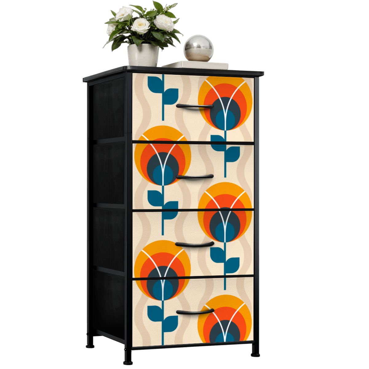 Scandinavian Designed Mid Century Modern Orange Blue Floral Design 4-Drawer  Dresser