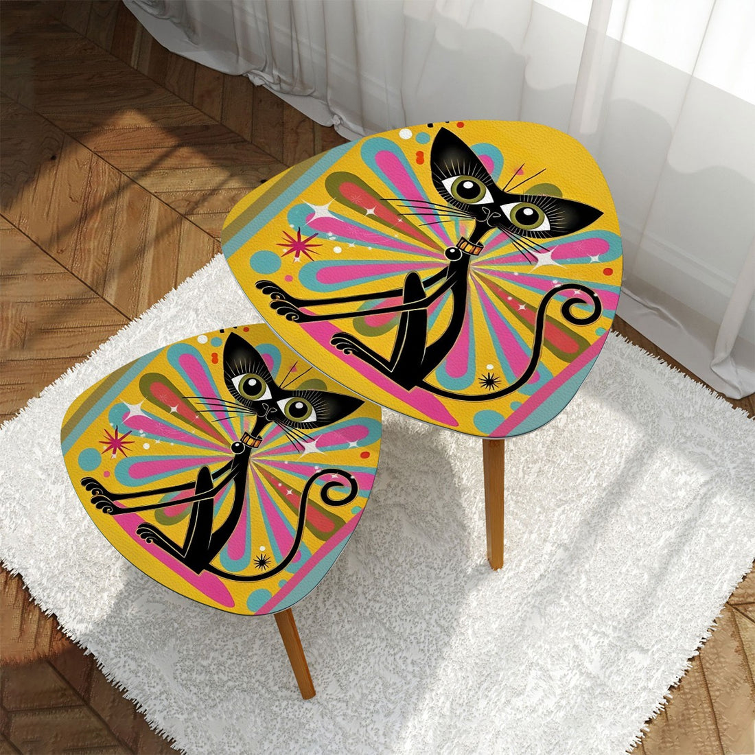 Quirky Space Cat Mid Century Modern Funky Fun Nesting Tables