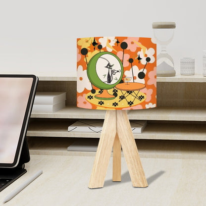 Retro Groovy Flower Atomic Cat Summer Vibes, Mid Mod Tripod Table Lamp - Mid Century Modern Gal
