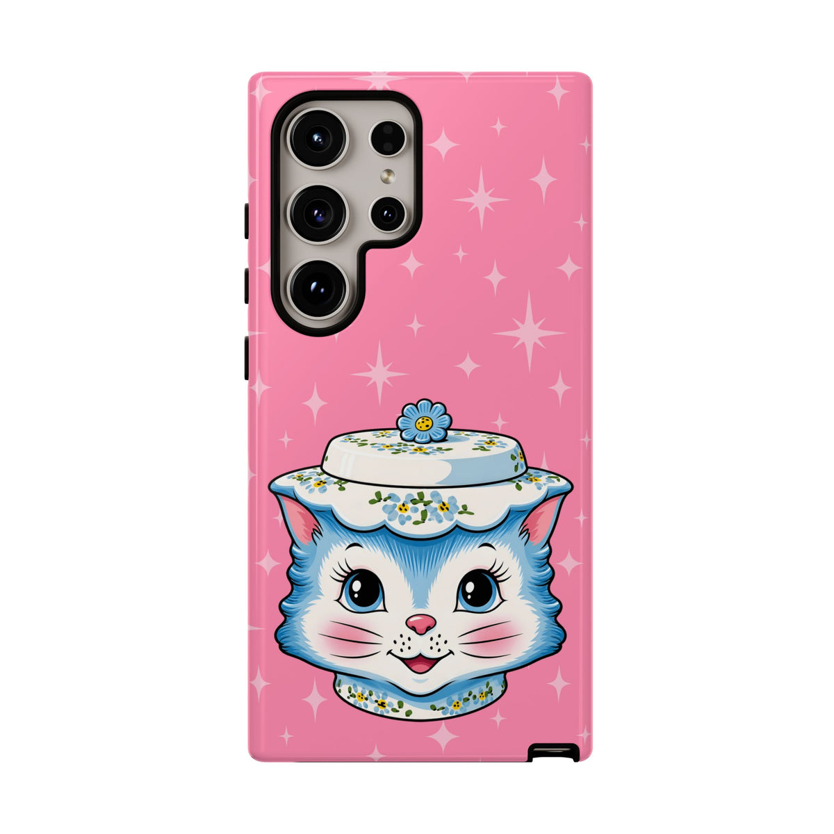 Mid Century Modern Kitschy Anthropomorphic Blue Cat with Floral Hat Tough Phone Case