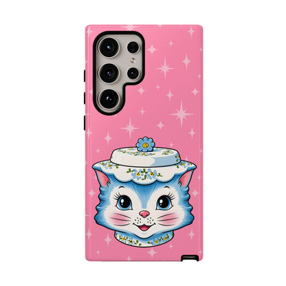 Mid Century Modern Kitschy Anthropomorphic Blue Cat with Floral Hat Tough Phone Case