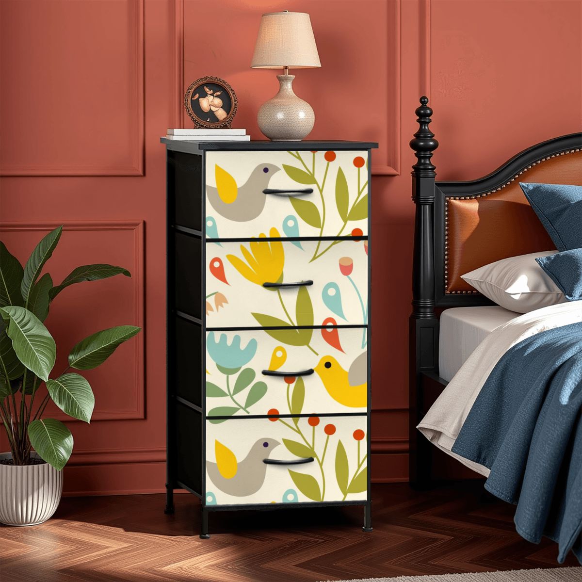 Folk Art, Modern Danish Hygge, Scandinavian, Norwegian, Bird, Floral, Yellow, Orange, Green 4-Drawer Dresser - Mid Century Modern Gal