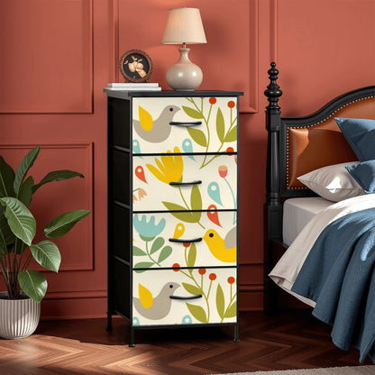 Folk Art, Modern Danish Hygge, Scandinavian, Norwegian, Bird, Floral, Yellow, Orange, Green 4-Drawer Dresser - Mid Century Modern Gal