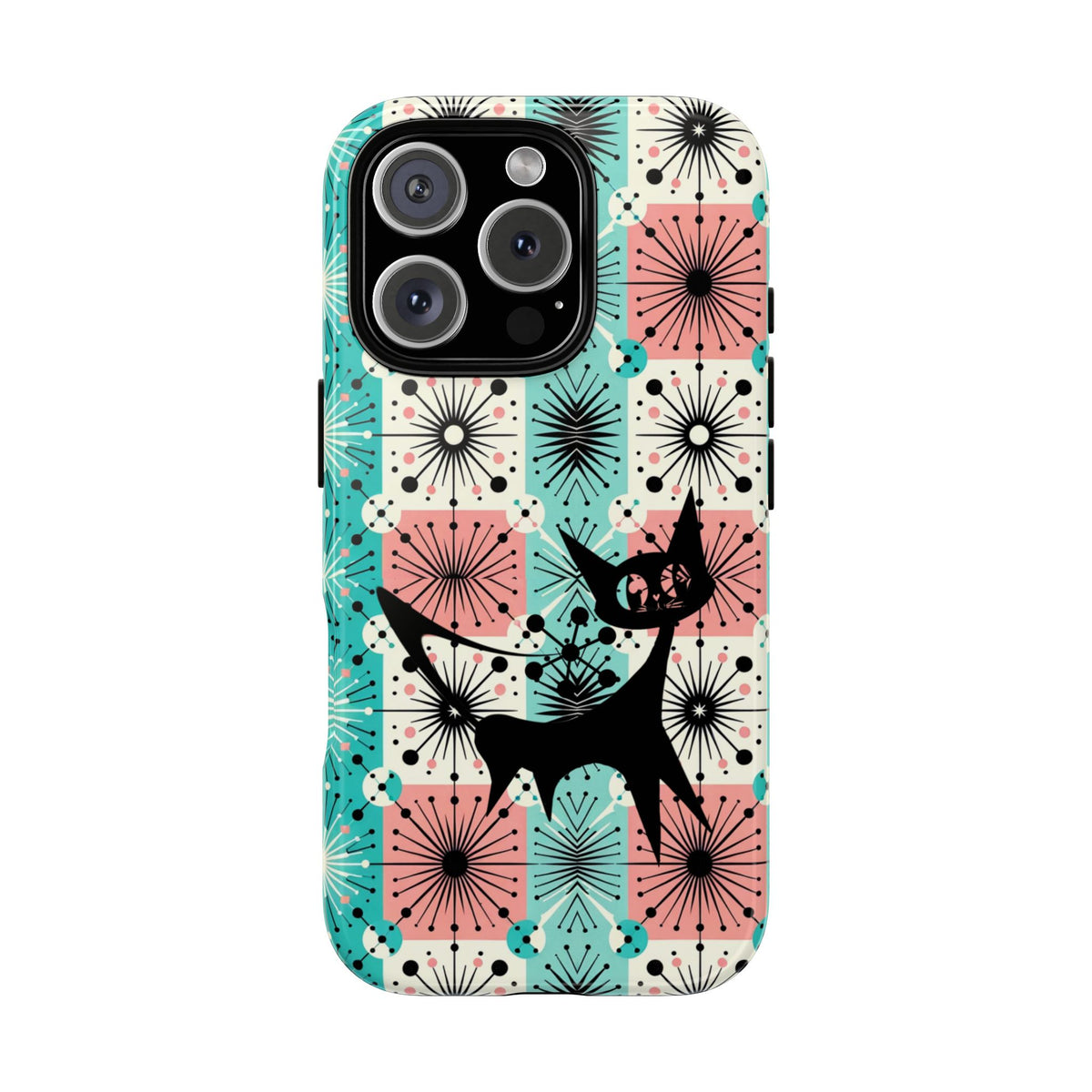 Atomic Kitschy Cat, Mid Century Modern Pink, Aqua Starbursts Tough Phone Case