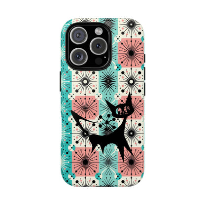 Atomic Kitschy Cat, Mid Century Modern Pink, Aqua Starbursts Tough Phone Case