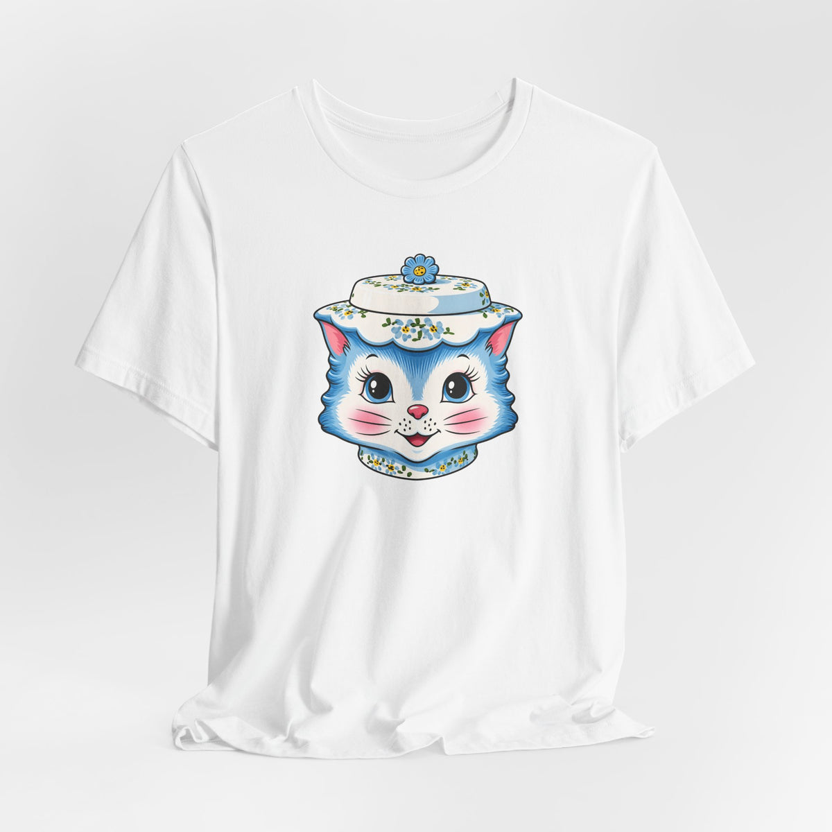 Mid Century Modern Kitschy Anthropomorphic Blue Cat with Floral Hat Unisex T-Shirt