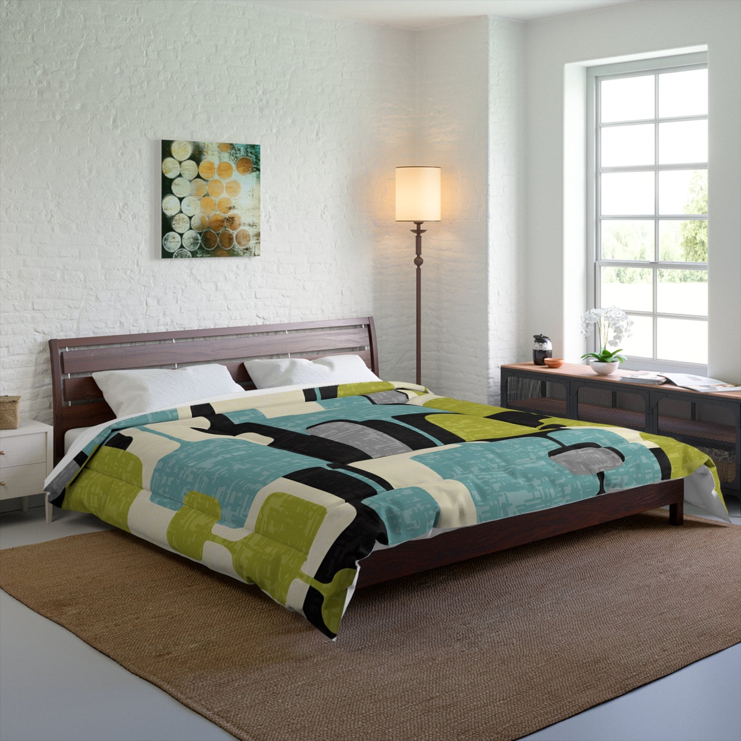 Atomic Living Bedding, Mid Century Modern, Gray, Lemon Lime Green, Aqua Blue, Geometric Retro Comforter - Mid Century Modern Gal