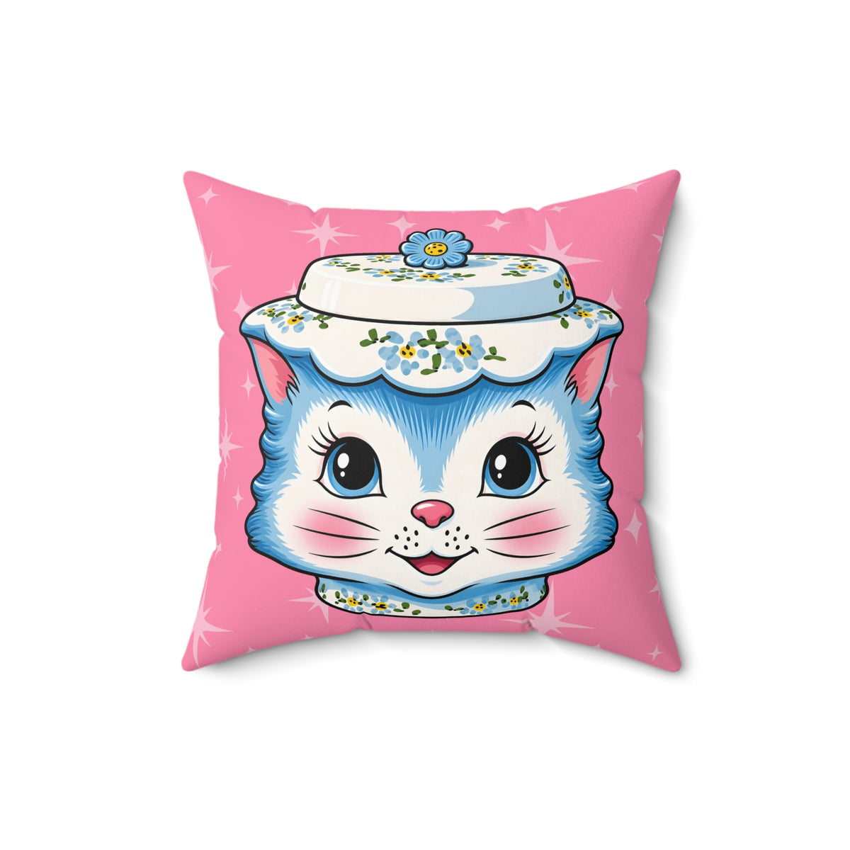Mid Century Modern Kitschy Anthropomorphic Blue Cat with Floral Hat Pillow Cover and Insert - Mid Century Modern Gal