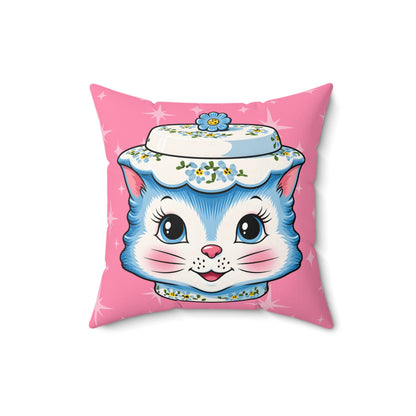 Mid Century Modern Kitschy Anthropomorphic Blue Cat with Floral Hat Pillow Cover and Insert - Mid Century Modern Gal