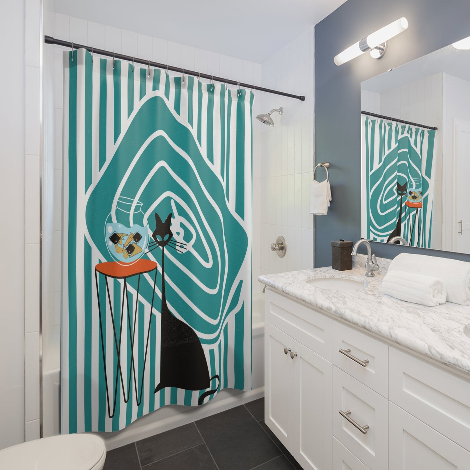 Atomic Cat Mid Century Modern Fish Art Modern Cat Shower Curtain – Vintage Aqua Stripes &amp; Whimsical Design - Mid Century Modern Gal