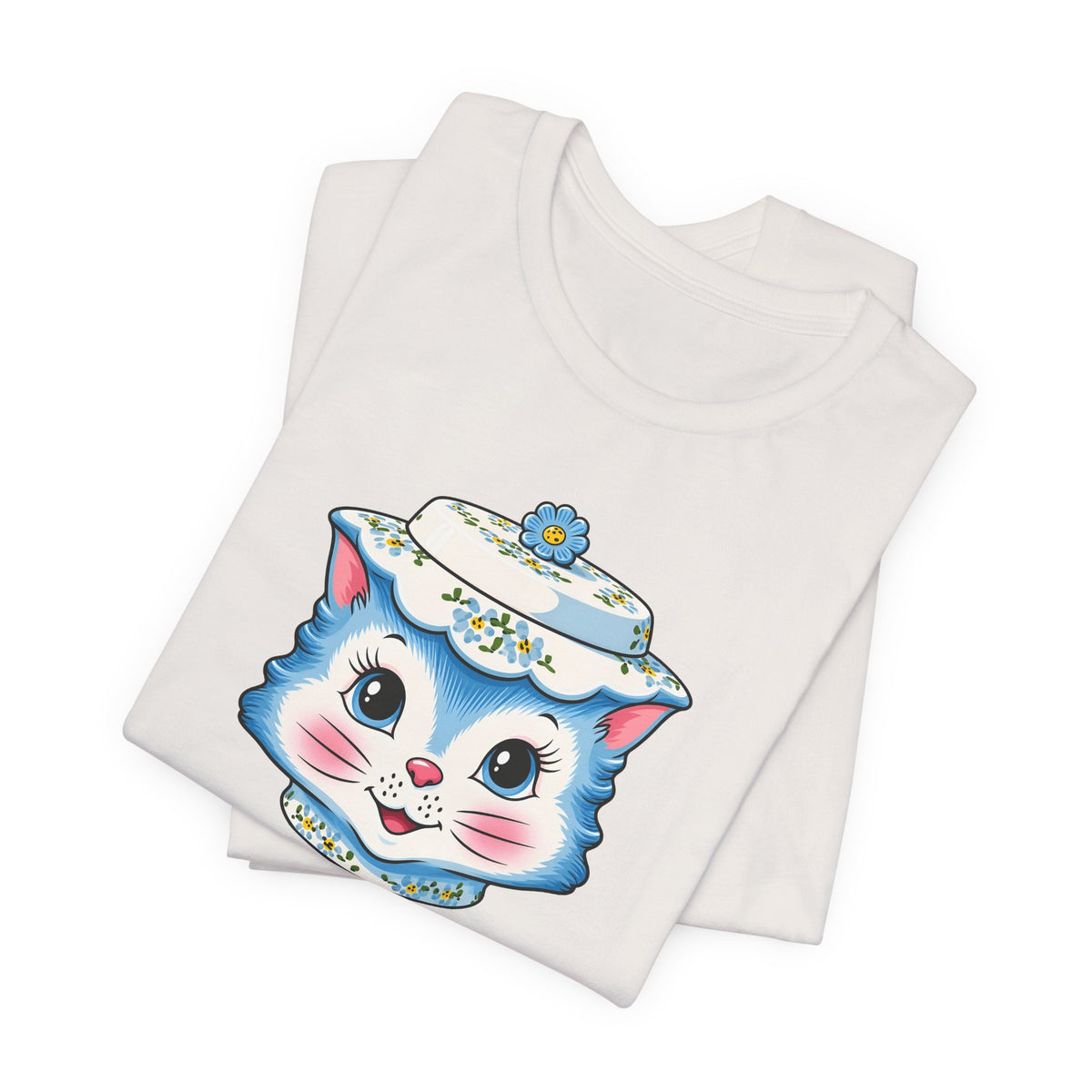 Mid Century Modern Kitschy Anthropomorphic Blue Cat with Floral Hat Unisex T-Shirt