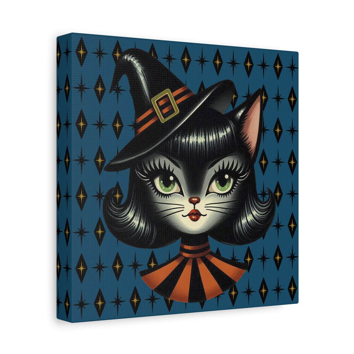 Vintage Halloween Black Cat Sexy Sexton Mid Century Modern Blue Matte Stretched Canvas Wall Art - Mid Century Modern Gal